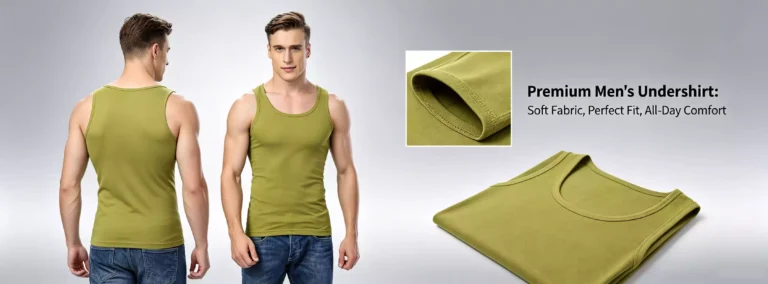 A promotional graphic of a premium olive green undershirt for men, featuring front and back views, fabric texture detail, and soft cotton material.