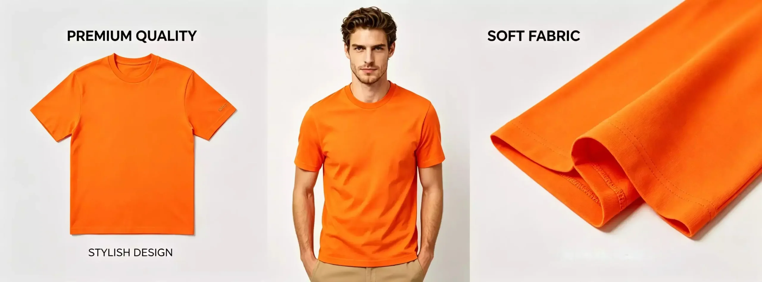 A comprehensive product view of a premium men's orange crew-neck T-shirt, showcasing flat lay, model portrait, and close-up fabric texture, highlighting "Premium Quality," "Soft Fabric," and "Stylish Design."