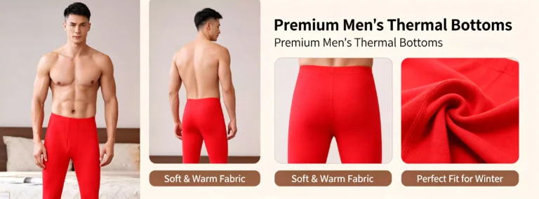 Premium men's thermal bottoms in red, featuring a soft, warm fabric and a perfect fit for winter, shown from front and back with fabric texture close-up.