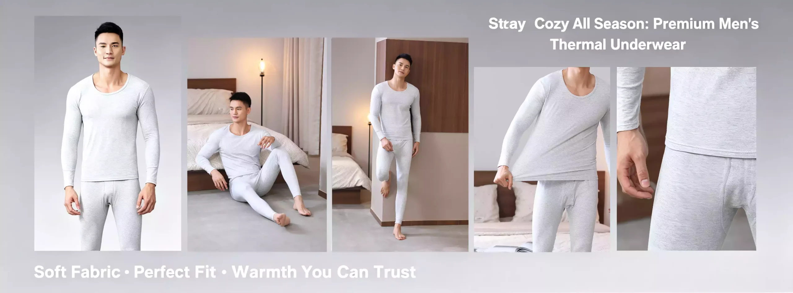 A comprehensive overview of a premium men's grey thermal underwear set, featuring model shots, lifestyle scenes, and close-ups of the soft, stretchable fabric.