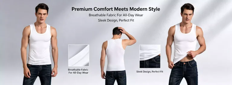 A comprehensive product view of a premium men's white tank top undershirt, showcasing front and back model poses, along with detailed close-ups of the breathable, soft fabric and slim-fit design.