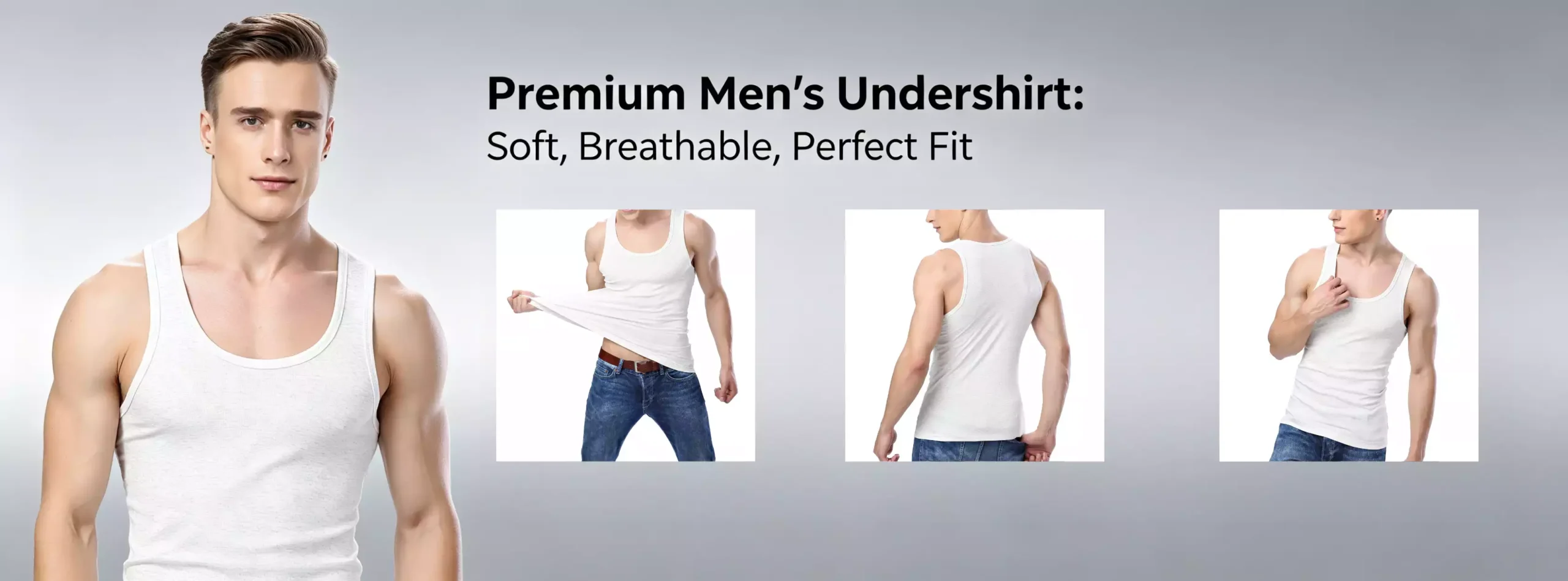 Collage of a man wearing a premium white undershirt, showcasing the soft, breathable fabric and perfect fit from different angles.