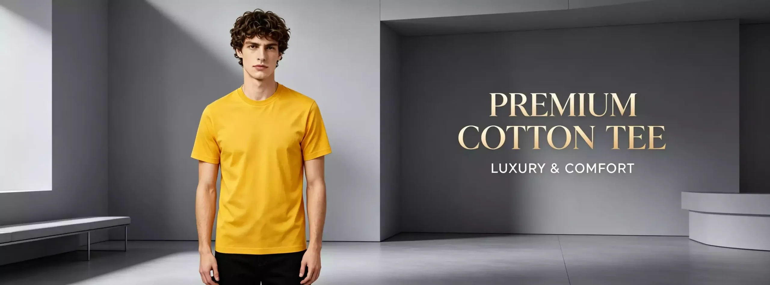 A premium yellow crew-neck cotton T-shirt worn by a male model, showcasing the sleek fit and luxury comfort, with text overlay "Premium Cotton Tee".