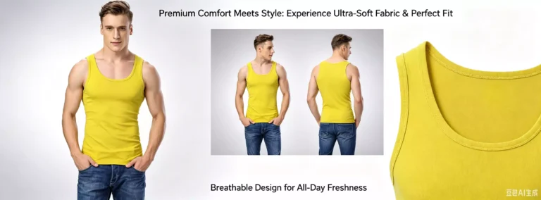 A composite image of a yellow men's tank top, displaying front and back views, fabric texture, and comfort features.