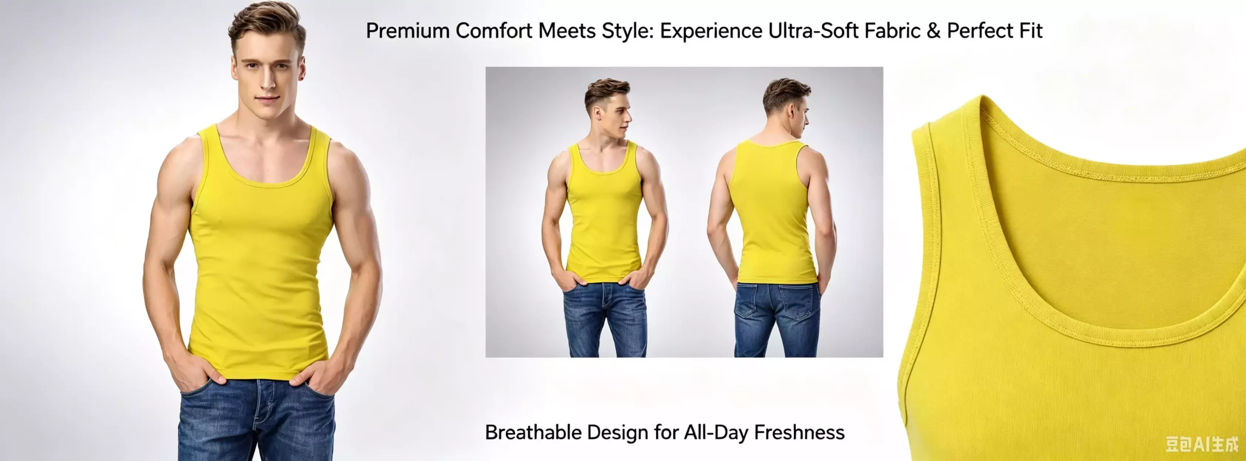 A composite image of a yellow men's tank top, displaying front and back views, fabric texture, and comfort features.