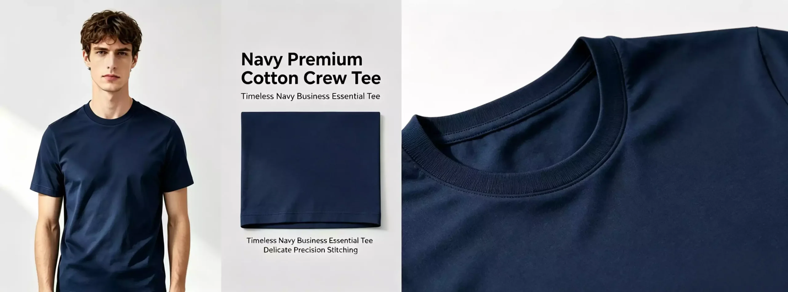A promotional product view of a navy blue premium cotton crew-neck T-shirt, featuring a male model, folded garment, and a close-up of the delicate precision stitching on the collar