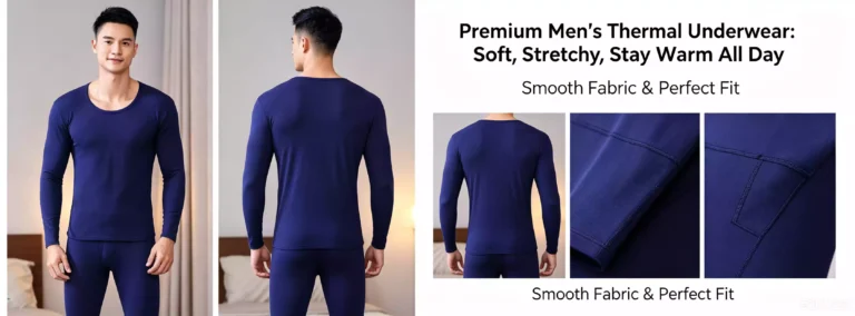 A comprehensive product view of a premium navy blue men's thermal underwear set, showcasing front and back model shots, and close-up details of the smooth fabric and high-quality stitching.