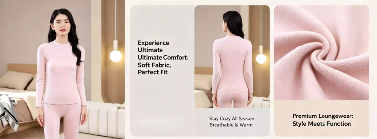 A product feature collage of a premium pink women's mock-neck thermal set, showcasing front and back model poses alongside a close-up of the ultra-soft fabric texture.