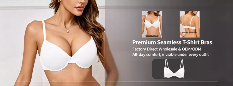 Model wearing a premium white seamless T-shirt bra, showcasing push-up effects, adjustable straps, and invisible comfort for daily wear.