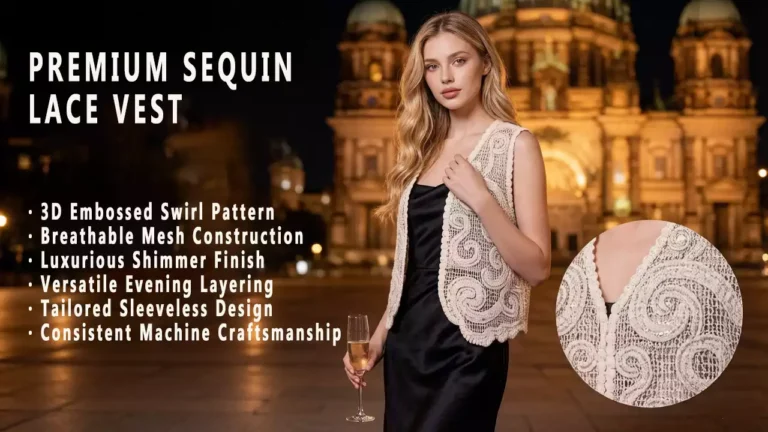 A promotional poster for a premium sequin lace vest, featuring a list of product benefits like 3D embossed swirl patterns, with a close-up detail inset on the right.