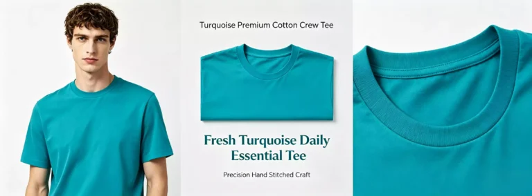 A promotional product view of a turquoise men's premium cotton crew-neck T-shirt, showcasing the model, folded flat lay, and a close-up of the precision hand-stitched collar detail.