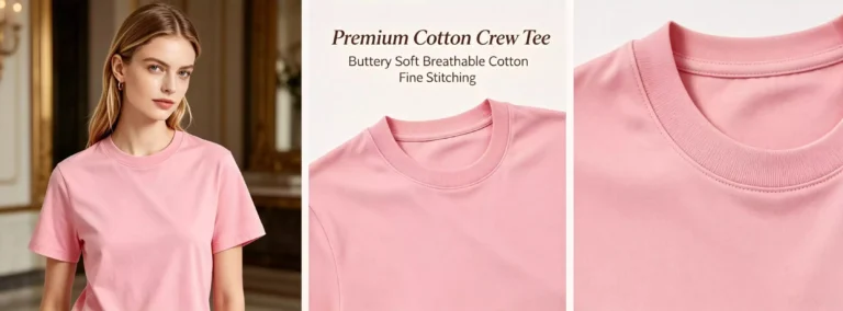 A comprehensive view of a premium pink women's crew-neck T-shirt, highlighting the slim-fit model look, buttery soft cotton fabric, and fine stitching details.