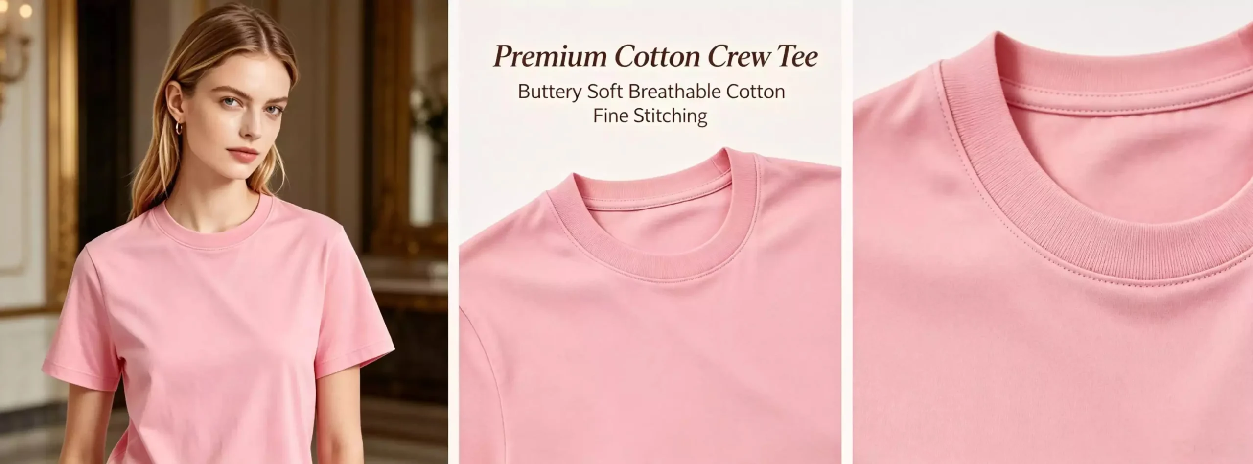A comprehensive view of a premium pink women's crew-neck T-shirt, highlighting the slim-fit model look, buttery soft cotton fabric, and fine stitching details.