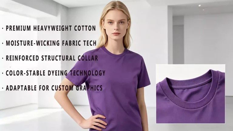 A female model wearing a purple crew-neck t-shirt, with technical features like fabric technology and craftsmanship listed on the left, and a close-up of the collar detail on the bottom right.