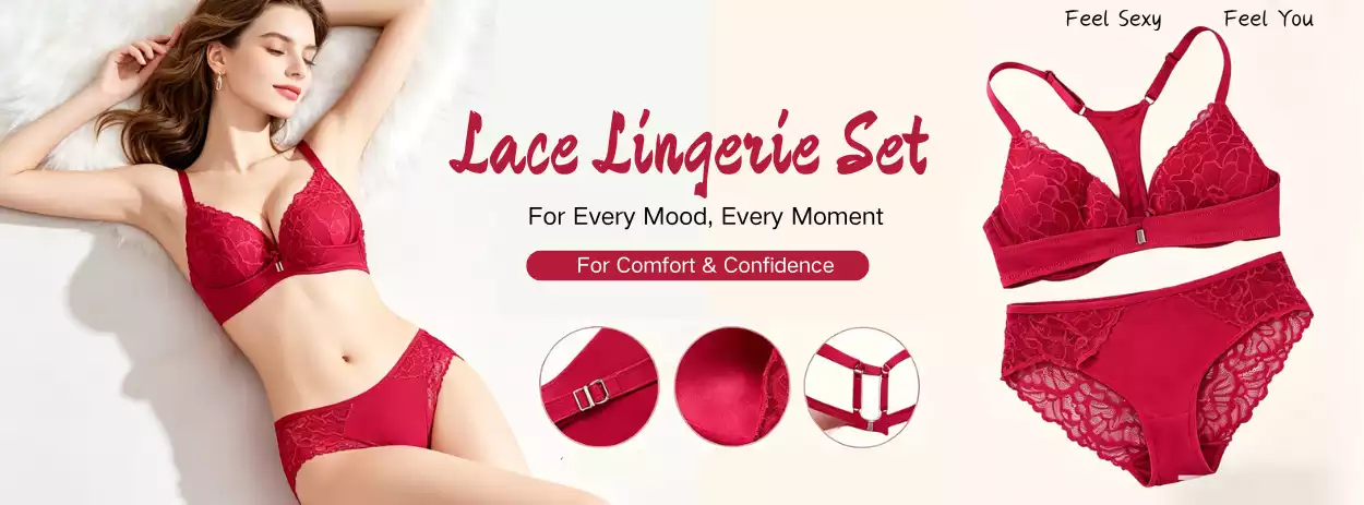A model wearing a red lace lingerie set with detailed views of the bra and panties, promoting comfort and confidence.