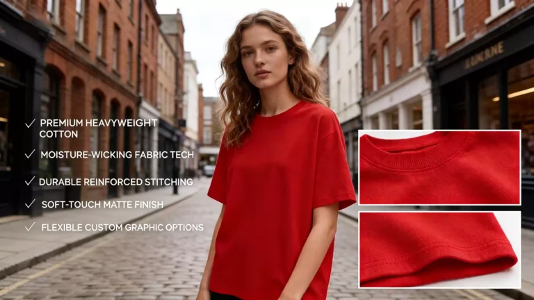 A female model wearing a red crew-neck t-shirt, with five core product benefits listed on the left and close-ups of the collar and hem stitching on the right.