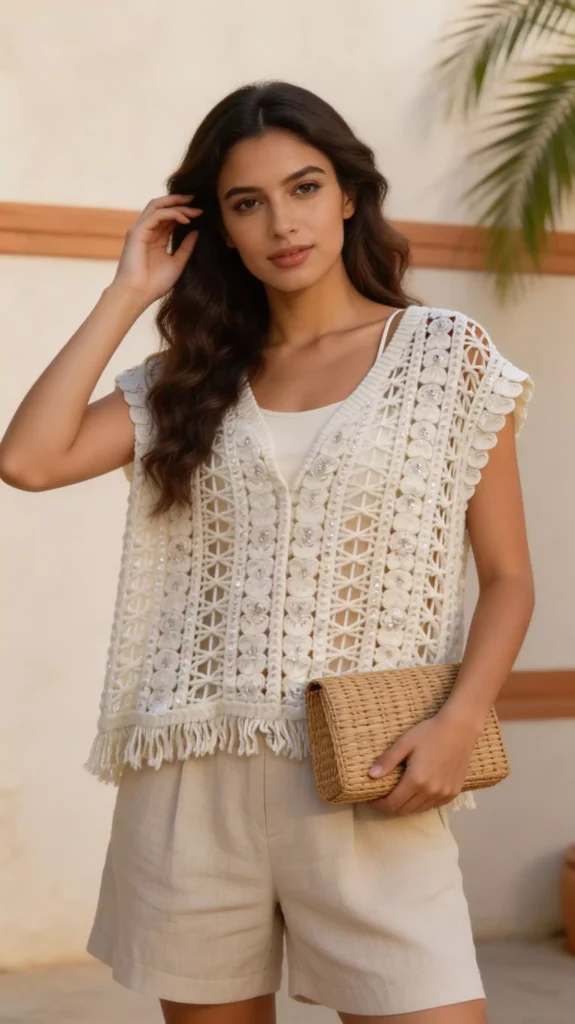 A model wearing a white floral crochet fringe vest paired with beige shorts, holding a woven clutch bag, showcasing an elegant resort-wear style.