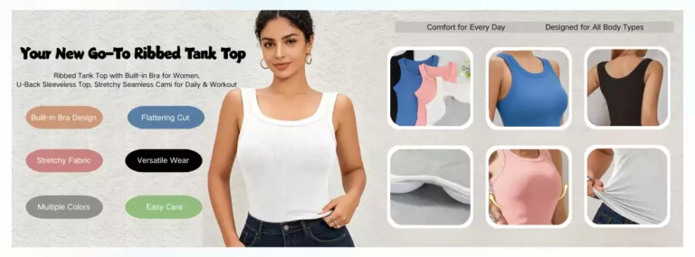 A comprehensive product infographic for a women's ribbed tank top featuring a built-in bra, showing different colors, stretchable fabric, and U-back design.