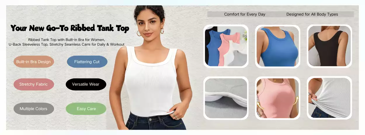 A comprehensive product infographic for a women's ribbed tank top featuring a built-in bra, showing different colors, stretchable fabric, and U-back design.