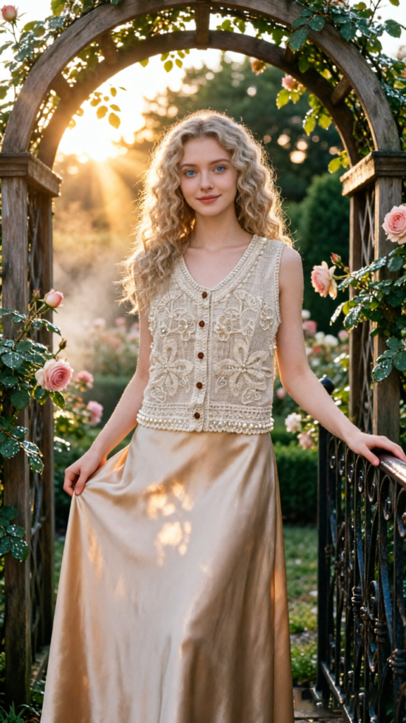 A model wearing an exquisite floral embroidery crochet vest and silk maxi skirt, standing in a rose garden under sunset light, showcasing elegant vintage style.