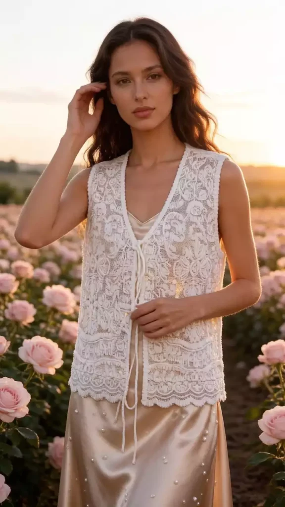 A model posing in a rose garden at sunset, wearing a white floral lace tie-front vest and a champagne-colored dress, showcasing a French romantic resort-wear style.