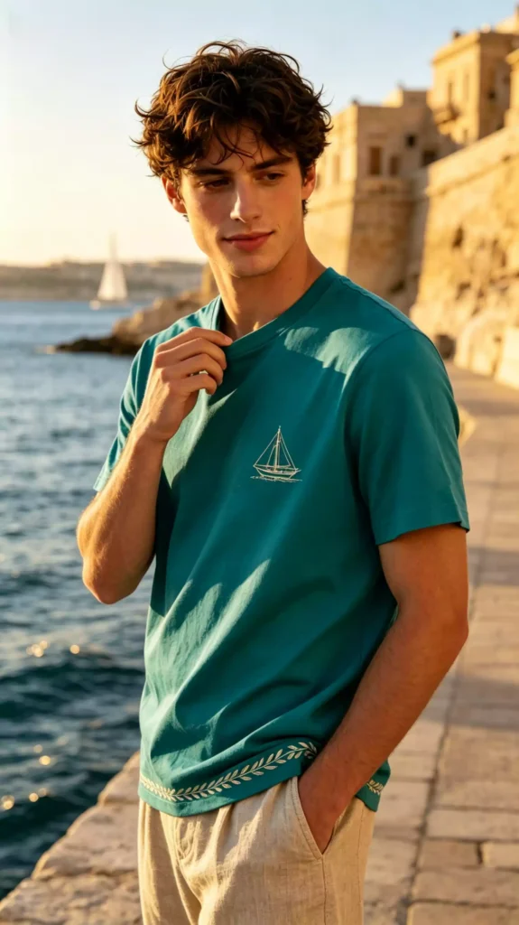 A young male model wearing a teal crew-neck t-shirt with a sailboat print and olive branch hem, standing on a seaside promenade.