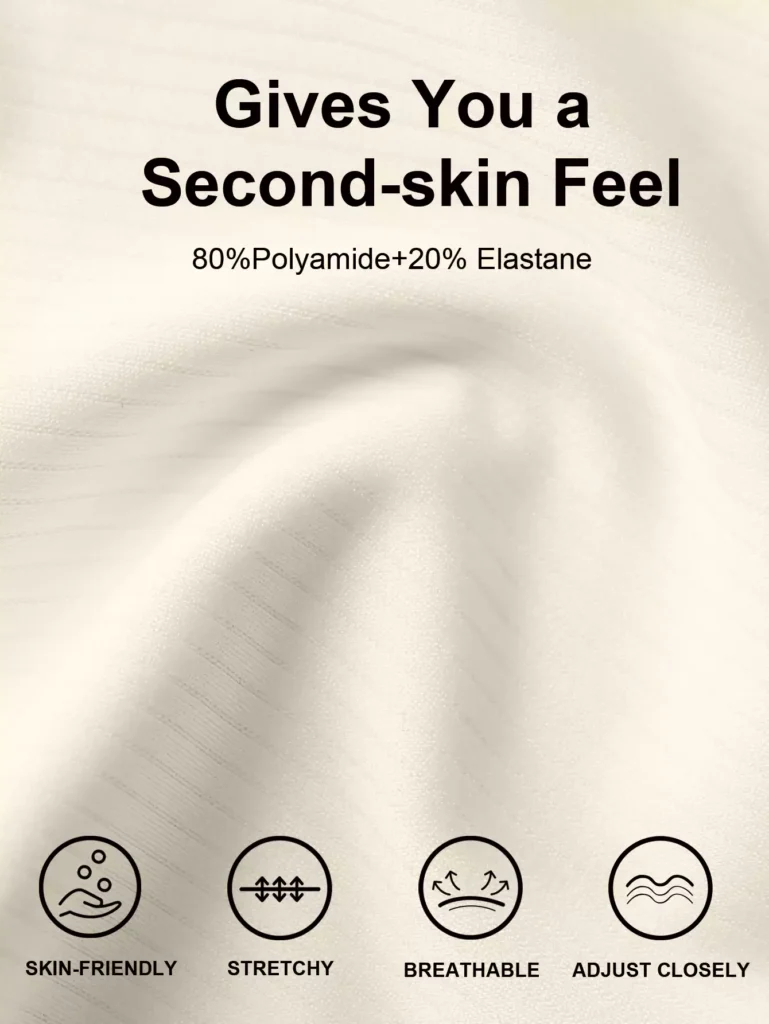 Close-up of soft, beige seamless bra fabric, highlighting features like skin-friendly, stretchy, breathable, and close-fit material.
