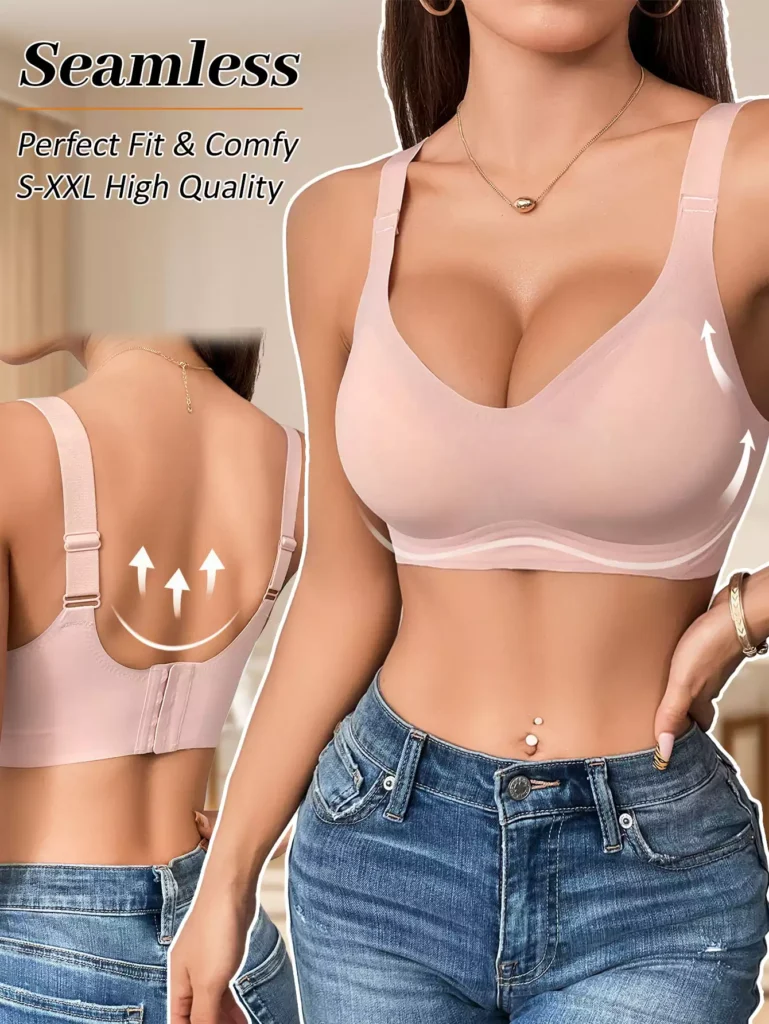 Model wearing a nude seamless comfy bra, showcasing front and back views with lift support, available in sizes S to XXL for a perfect high-quality fit.