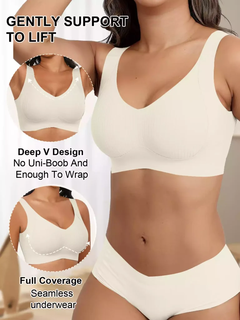 A woman wearing a beige seamless deep-v bra that provides gentle lift and full coverage.