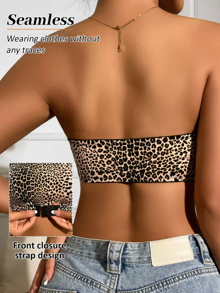 Back view of a model wearing a seamless leopard print bandeau bra, showing a smooth fit and a close-up insert of the front closure clasp design.