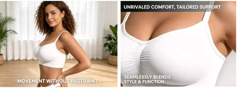 White seamless sport bra featuring a comfy and supportive underwire design, with model shots showing front and back views for a perfect fit.