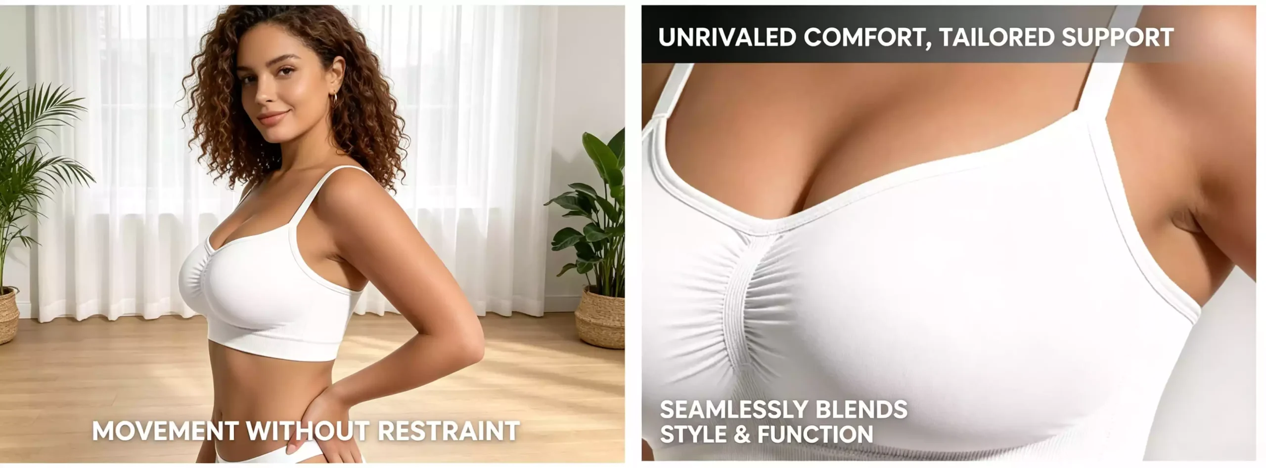 White seamless sport bra featuring a comfy and supportive underwire design, with model shots showing front and back views for a perfect fit.