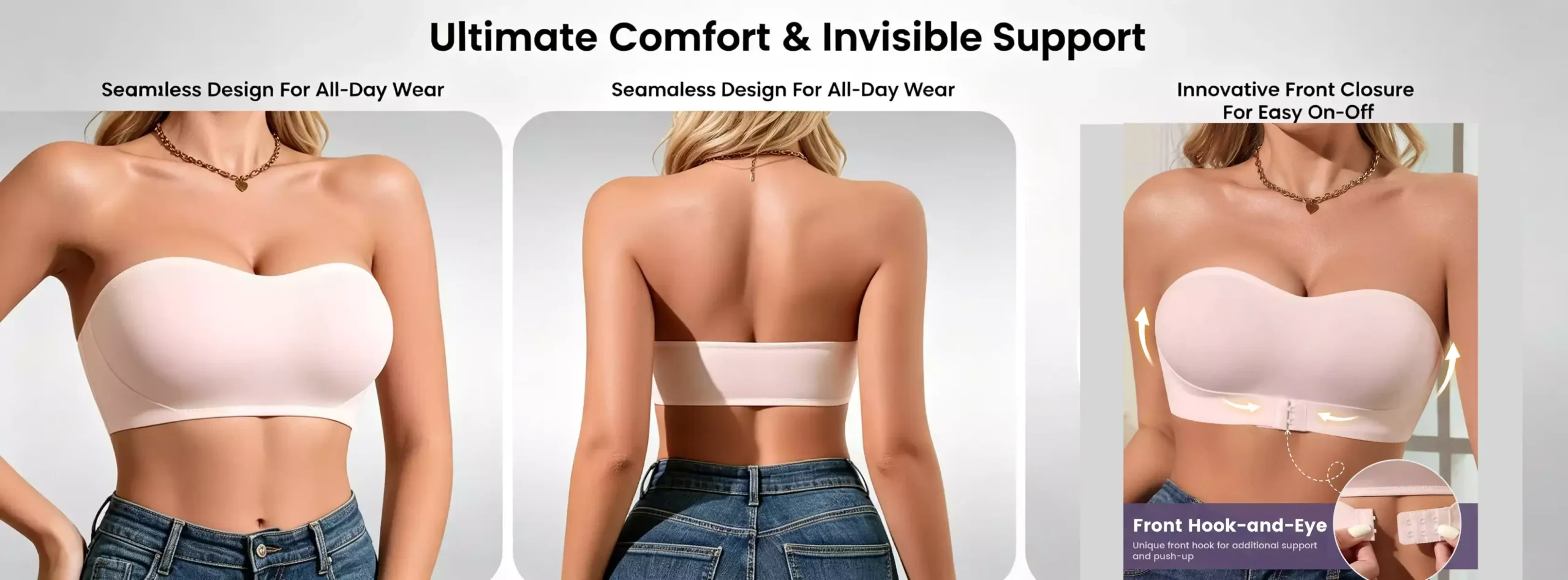 Product overview showing the front and back views of a seamless strapless bra, with a close-up detail of the innovative front closure for easy wear.