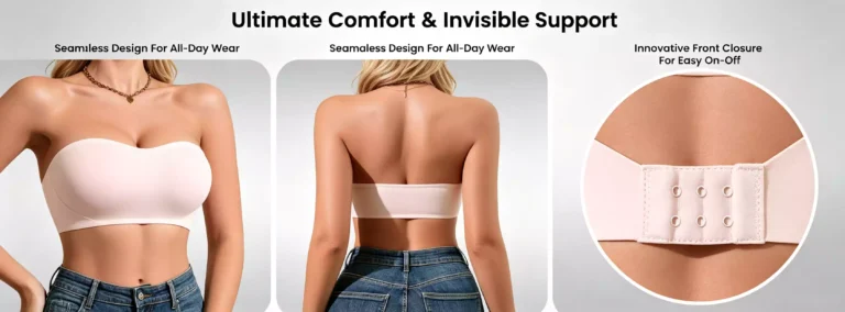 Product overview showing the front and back views of a seamless strapless bra, with a close-up detail of the innovative front closure for easy wear.