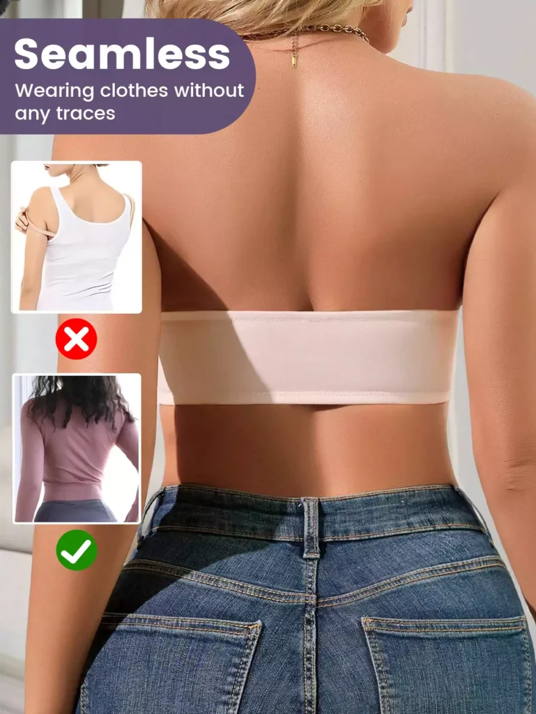 Back view of a model wearing a seamless strapless bra, featuring a comparison graphic showing a smooth fit under clothes versus traditional visible straps.
