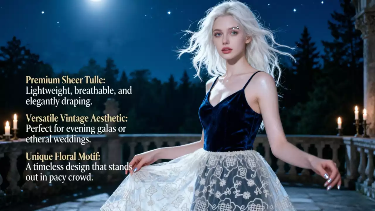 A brand promotional poster featuring a model wearing an embroidered tulle gown on a star-lit terrace, with product highlights like premium sheer tulle, vintage aesthetics, and unique floral motifs listed on the left.