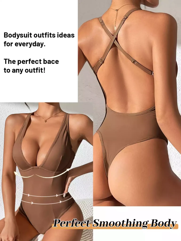 A model wearing a brown smoothing bodysuit, showcasing its seamless design and cross-back straps, highlighting its function as a base for various everyday outfits.