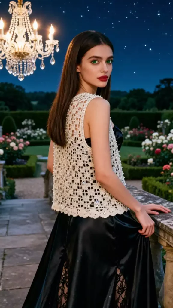 A model wearing a crochet lace vest and black silk skirt on a manor terrace under a starry night sky, with a crystal chandelier and blooming rose garden in the background.