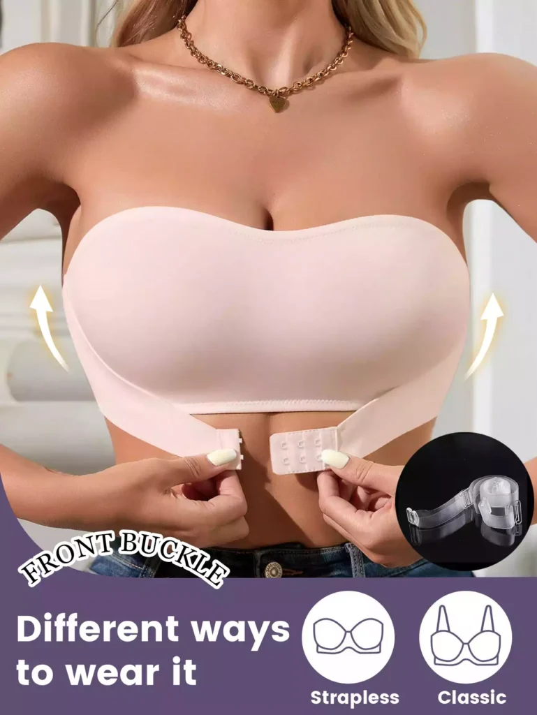 A model wearing a convertible strapless bra with a front buckle, demonstrating the option to wear it as strapless or classic, including a view of the clear straps.