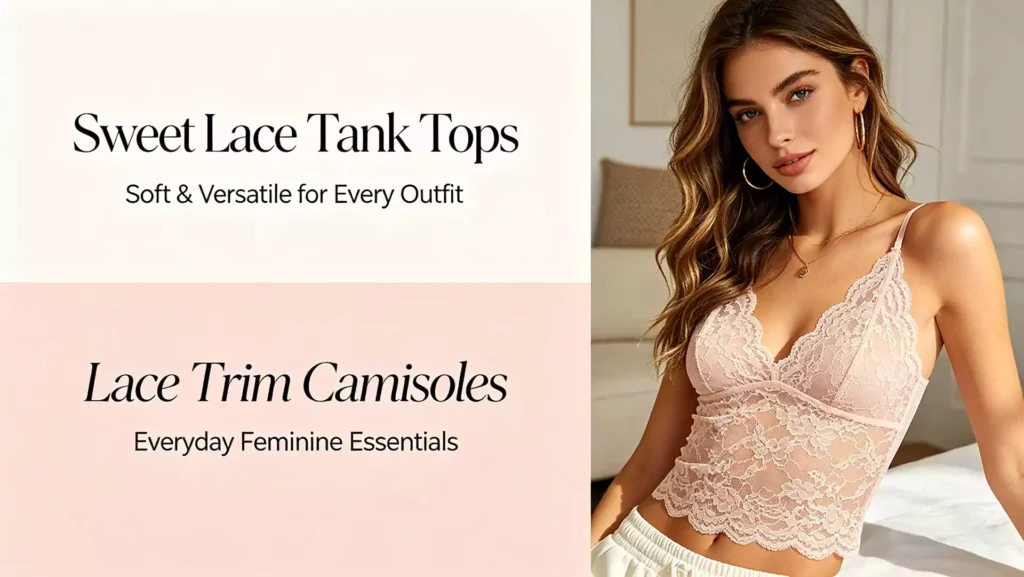 A promotional banner for sweet lace tank tops, featuring a woman with wavy hair looking at the camera while wearing a light pink lace trim camisole next to product text.