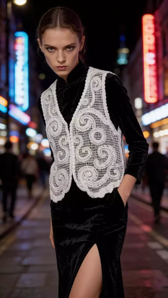 A model wearing a white swirl-pattern crochet vest paired with a black velvet slit dress, posing on a neon-lit city street at night.