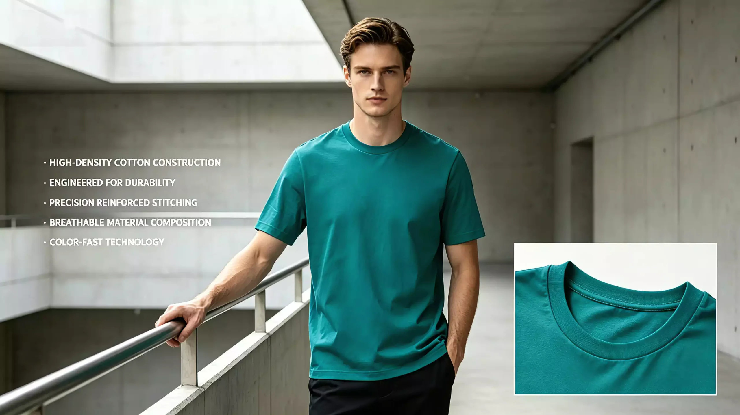 A male model wearing a teal crew-neck t-shirt, with five core product benefits like high-density cotton and durability listed on the left, and a close-up of the collar stitching on the bottom right.