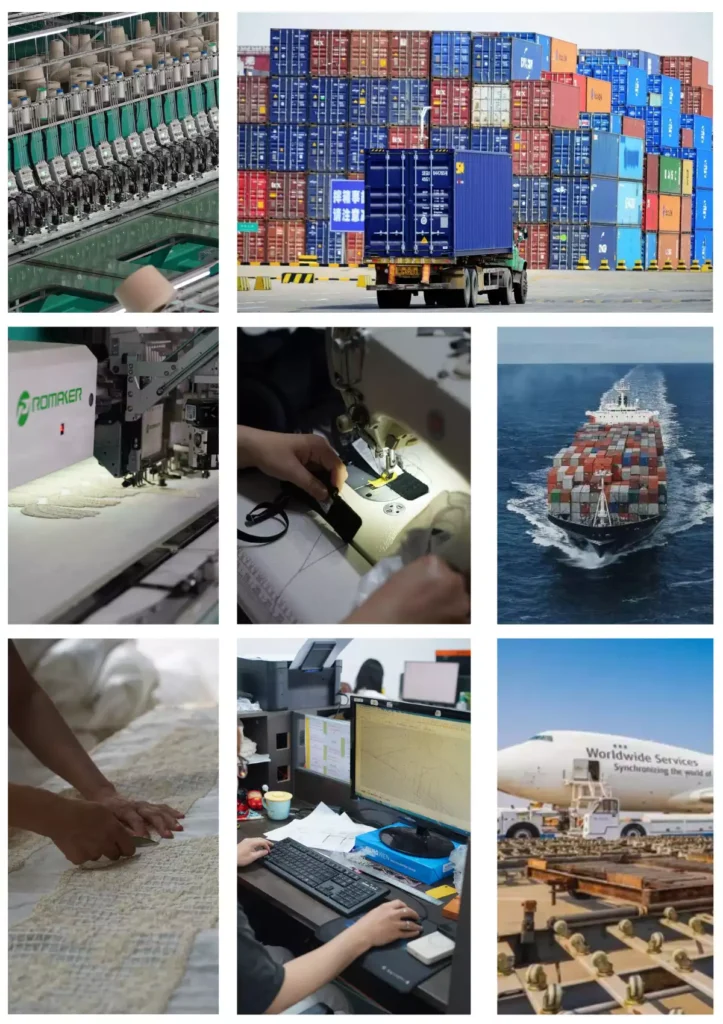 A photo collage representing a garment factory supply chain, showing textile machinery, computer-aided pattern design, manual fabric cutting, sewing, and international logistics via cargo trucks, a container ship, and an air freight plane.