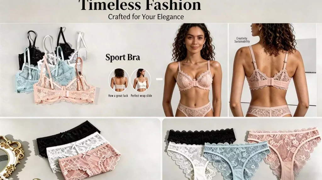 A promotional banner for an elegant lace bra and panty set, featuring a woman with curly hair displaying the front and back views of a pink lace lingerie set, alongside flat lays of the collection in black, white, light blue, and pink.