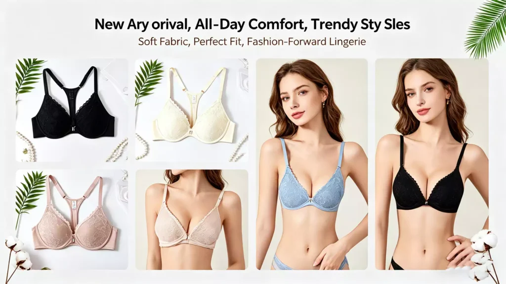 A promotional banner for trendy lace bras, featuring a woman displaying the blue and black versions, an inset showing a nude bra, and a grid display showcasing black, ivory, and dusty pink lace bras with a T-back design.