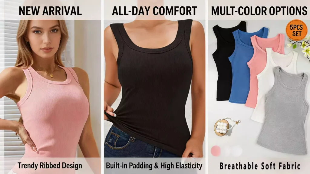 A promotional banner for ribbed tank tops showing a woman in a pink top, a close-up of a black high-elasticity top, and a multi-color 5-pack display in black, blue, pink, cream, and grey.