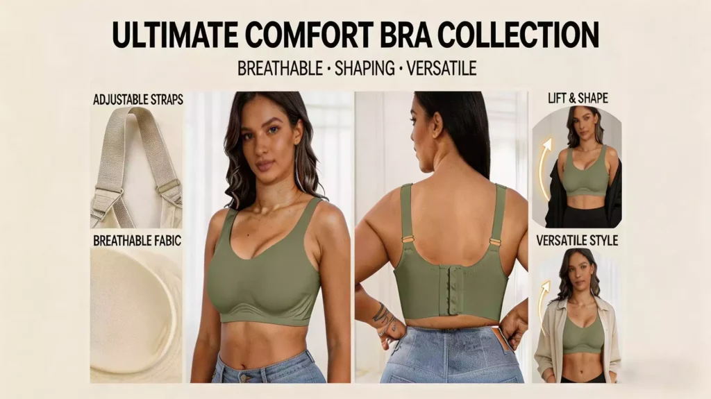 A promotional banner for a comfortable bra collection, showing the front and back views of a woman wearing an olive green seamless bra, alongside close-ups of adjustable straps and breathable fabric.