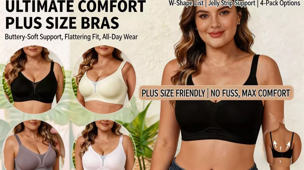A promotional banner for ultimate comfort plus size bras, featuring a smiling woman in a black seamless bra, a small insert showing the back support, and four circular preview images displaying the bra in black, cream, grey, and light pink.