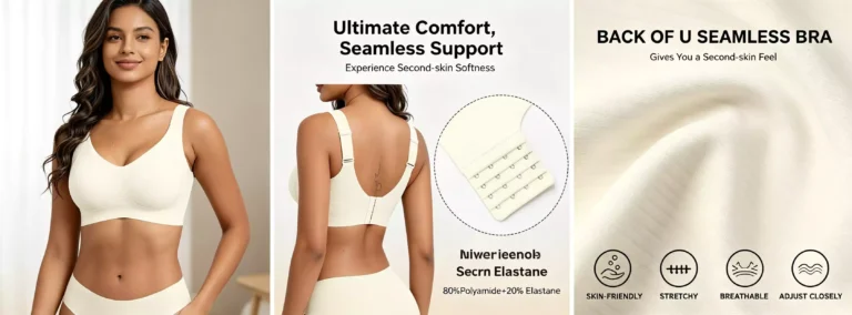 A comprehensive view of a beige seamless bra, showcasing front, back, hook closure, and fabric quality for comfort and support.
