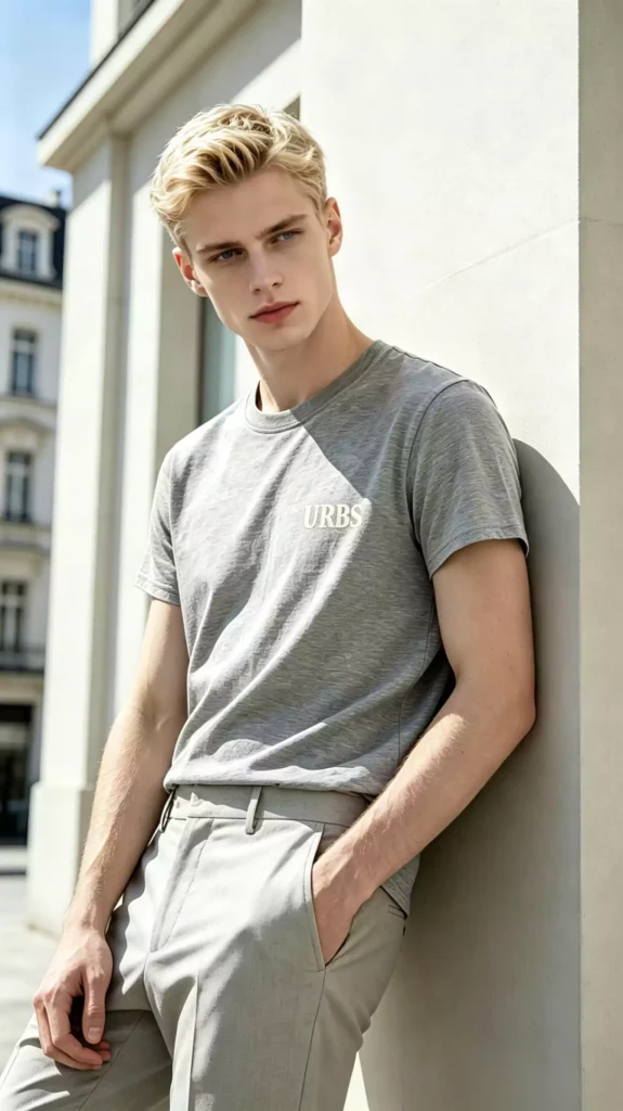 A blonde male model wearing a grey crew-neck t-shirt with an "URBS" logo, leaning against an urban building wall.